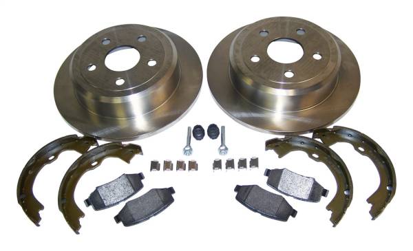 Crown Automotive Jeep Replacement - Crown Automotive Jeep Replacement Disc Brake Service Kit Rear Kit Includes Pads/Rotors/Parking Brake Shoe And Lining Kit/Boots/Pins/Spring  -  52060147K - Image 1