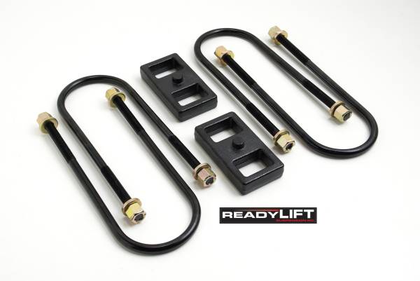 ReadyLift - ReadyLift Rear Block Kit 1 in. Cast Iron Blocks Incl. Integrated Locating Pin E-Coated U-Bolts Nuts/Washers For Use w/o Top Mounted Overloads - 66-1201 - Image 1