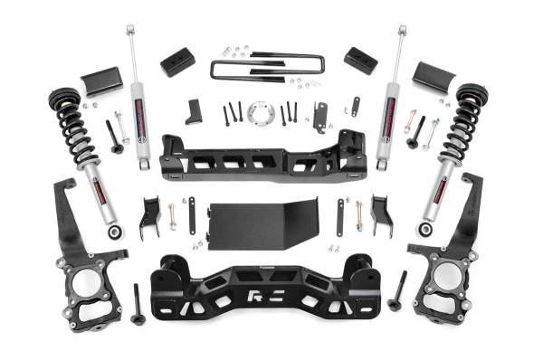 Rough Country - Rough Country Suspension Lift Kit 4 in. Lifted Knuckles Drop Brackets Sway-Bar Brake Line Drive Shaft Spacer 1/4 in. Thick Plate Steel Fabricated Blocks Includes N3 Shocks - 57432 - Image 1