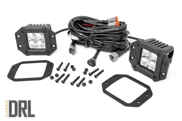 Rough Country - Rough Country Chrome Series Cree LED Fog Light Kit [2] 2 in. LED Square Lights Amber DRL 3600 Lumens 40W [4] 5W LEDs/Light Incl. Wiring Harness 3-Way Switch Flush Mount - 70803DRLA - Image 1