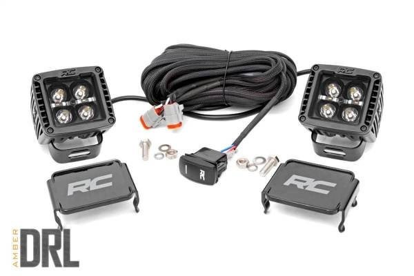 Rough Country - Rough Country Black Series Cree LED Fog Light Kit [2] 2 in. LED Square Lights Amber DRL 3600 Lumens 40W [4] 5W LEDs/Light Incl. Wiring Harness 3-Way Switch - 70903BLKDRLA - Image 1