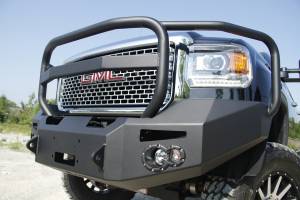 Fab Fours Premium Heavy Duty Winch Front Bumper 2 Stage Black Powder Coated w/Full Grill Guard Incl. Fog And Turn Lights Air Ducts D-Ring Mounts - GM14-A3150-1