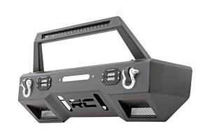 Rough Country Front Stealth Stubby Winch Bumper Incl. Hoop Two 2 in. LED Cube Lights D-Rings Light Bar Hoop Black Series 20 in. LED Light Bar Satin Black - 11826