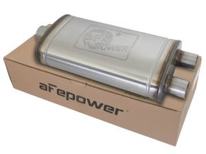 aFe Power MACH Force-Xp 409 Stainless Steel Muffler 3 IN ID Center/2-1/2 IN ID Dual-Outlet x 11 IN W x 6 IN H x 22 IN L - Oval Body - 49M00014